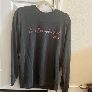 Gray Long Sleeve Shirt with Pink Text
